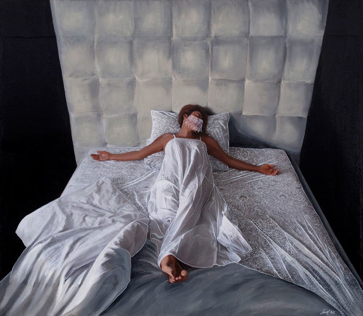 For Whom the Bed Tolls (For Whom the Bell Tolls by Ernest Hemingway), 2016 Mixed media on canvas 140 x 162 cm