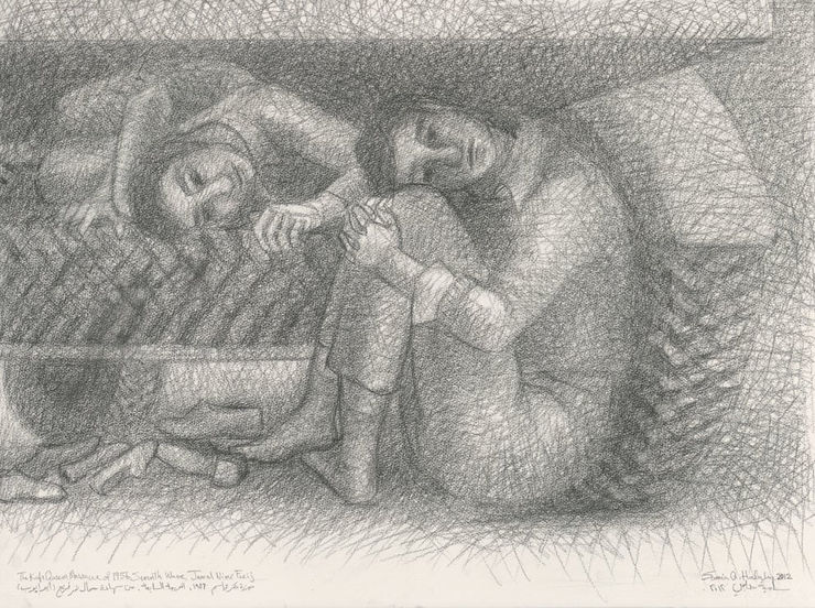 Abu Ayyoub and Abu Fareed, Seventh Wave of Killing on the Western Road, The Kafr Qasem Massacre of 1956, 2012 Conté crayon on paper 56 x 75 cm