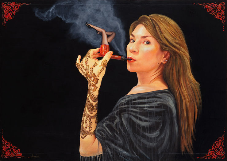 Ceci n'est pas une femme Arabe avec trois boucles d'oreilles perles, 2012 Mixed Media on Wood 120 x 170 cm