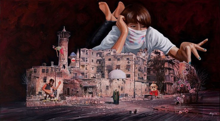 The Moving Doll House (The Moving Toyshop by Edmund Crispin), 2016 Mixed media on canvas 110 x 200 cm