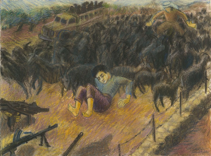 Death of the Shepherd Boy Fathi, Third Wave of Killing on the Western Road, The Kafr Qasem Massacre of 1956, 2012 Pastel on paper 56 x 76 cm