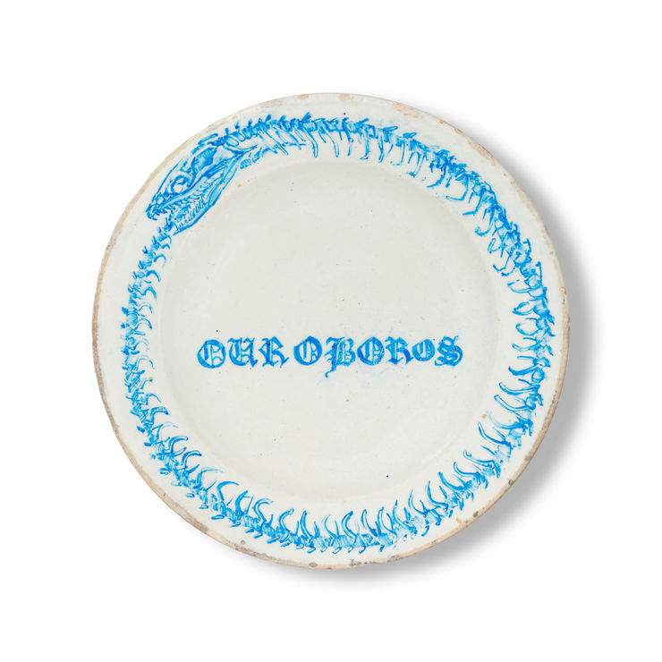 Hiroyasu Tsuri Ouroboros, 2023 Ceramic Ink on Vintage Ceramic Plate 21 x 21 x 4.5 cm