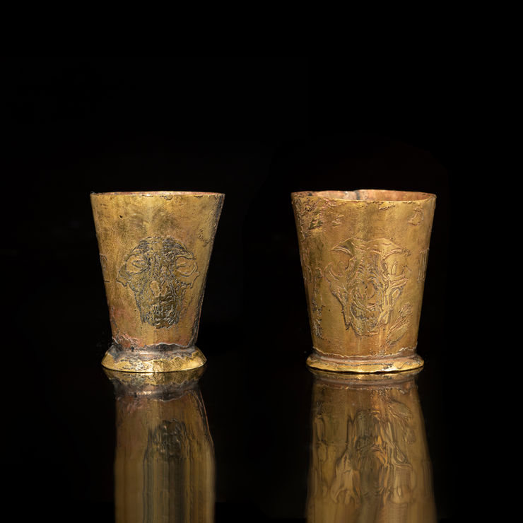 Hiroyasu Tsuri Nine Lives (Cat Skull), 2023 Hand-Etched Copper Shot Glass (Collaboration with 13K Knives) 5.3 x 4.6 x 4.6 cm & 5.5 x 4.2 x 4.2 cm