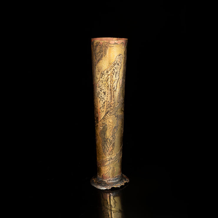 Hiroyasu Tsuri Crocodile Inchirinzashi (Single Flower Vase), 2023 Hand-Etched Copper Flower Vase (Collaboration with 13K Knives) 14 x 3.5 x 3.5 cm
