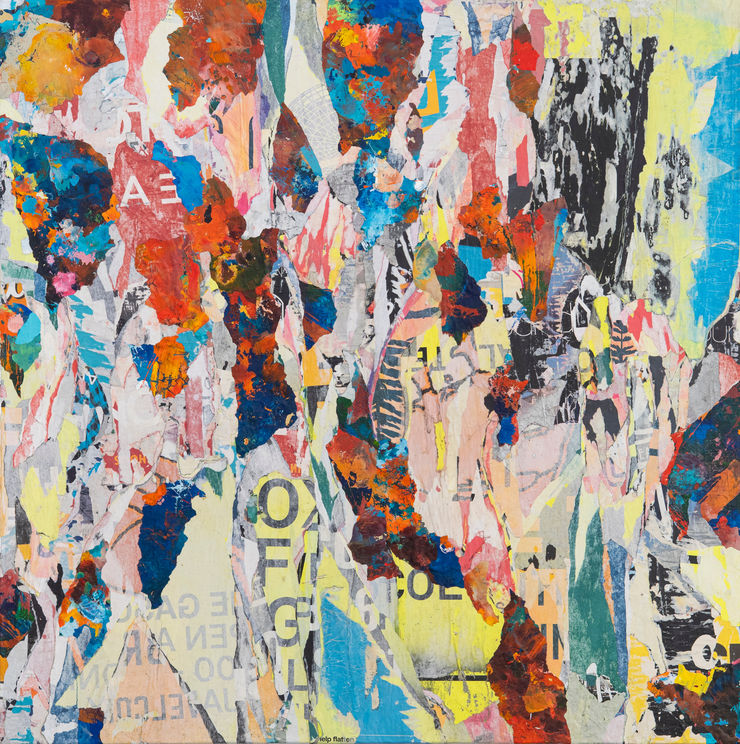 David ‘Meggs’ Hooke 1978 ~ PresentCollective Pause #01, 2025 Titled, signed and dated on reverse Salvaged bill posters and paint palettes on canvas 120 × 120 × 3.5 cm (unframed)