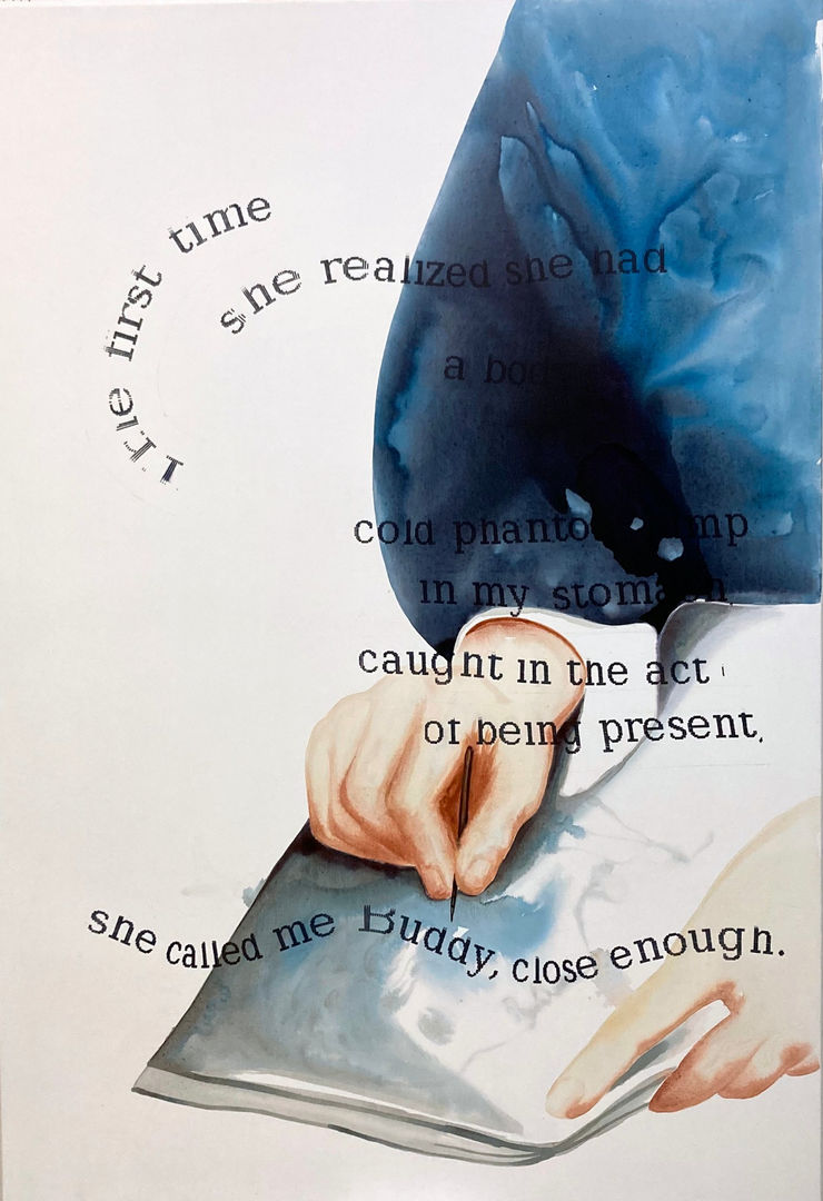 Titania Seidl, That elusive sense of self or My Buddy 160 x 110cm text gun & watercolor on canvas , 2024