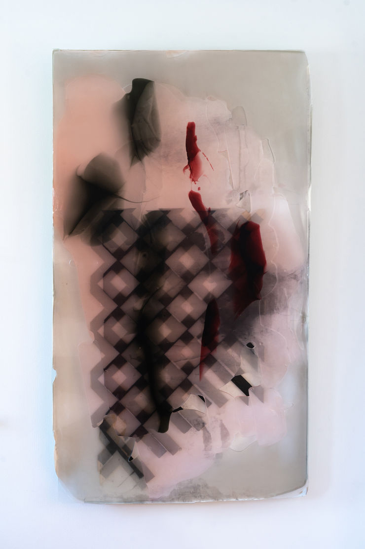 Josh Tonsfeldt Untitled , 2022 fiberglass reinforced gypsum, fiberglass cloth, epoxy resin, urethane resin, pigments, inkjet dyes, garden lattice, zip ties 57 x 32.5 x 4 inches