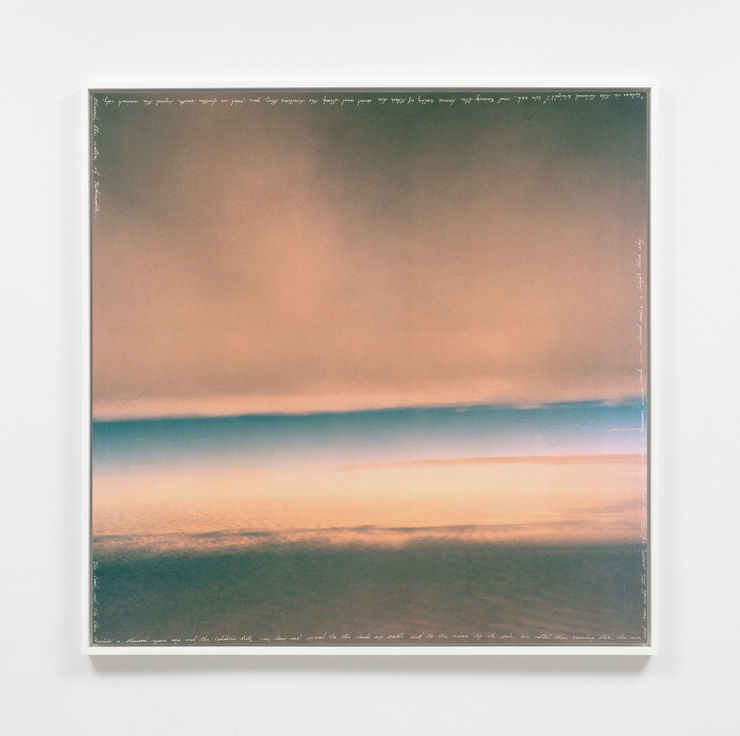 Sky Hopinka Cowboy Mouth 4 (Rek’úhuhíra), 2022 inkjet with hand scratched text and uv laminate, framed 40 x 40 x 1.25 inches