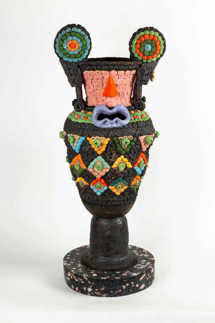 Niki Ford Femminiello, 2024 stoneware, underglaze, glaze, oxide, mason stain, epoxy gouache, tung oil and terrazzo base 41.25 x 16 x 15 inches