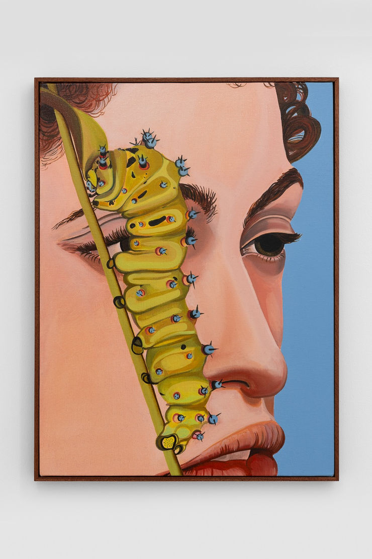 Yellow caterpillar crawls by person's face in a painting by Alan Stanners