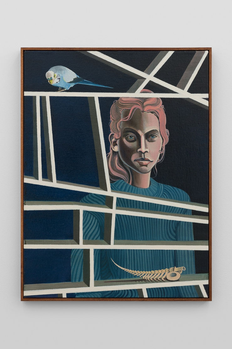 Woman standing behind intricate shelving in a painting by Alan Stanners