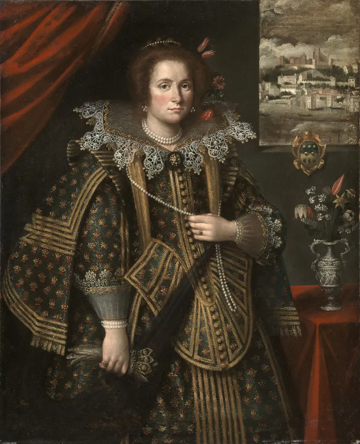 Flemish Painter, Portrait of a Lady from the Lomellino Family with the city of Tabarka on the background