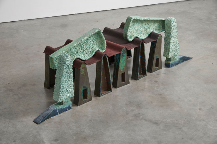 Paloma Proudfoot Town Planner, 2018 Glazed earthenware and corrugated roofing 480 x 1610 x 450 mm