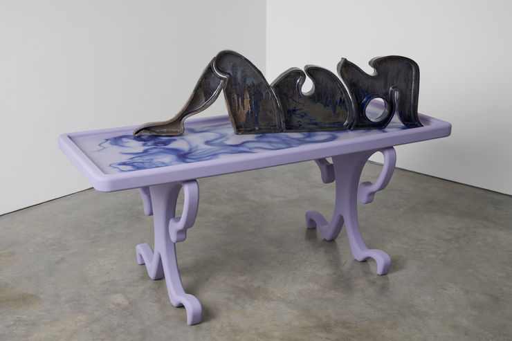 Paloma Proudfoot Untitled, 2018 Glazed black stoneware Paraffin wax, artificial hair, wood (bed) 380 x 1350 x 60 mm 720 x 1700 x 700 mm (bed)