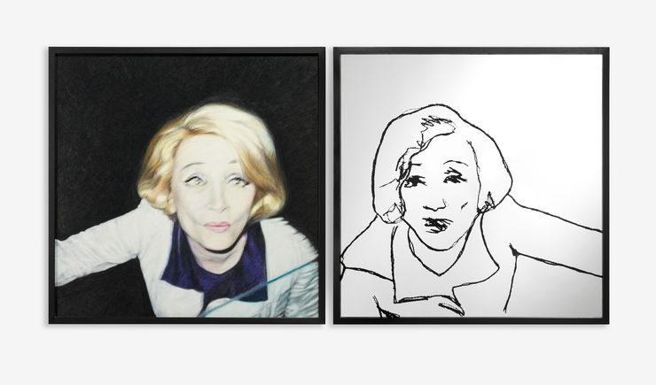 Nina Mae Fowler A fan of her own performance, 2019 Coloured pencil on paper and screen-printed mirror 675 x 673 mm