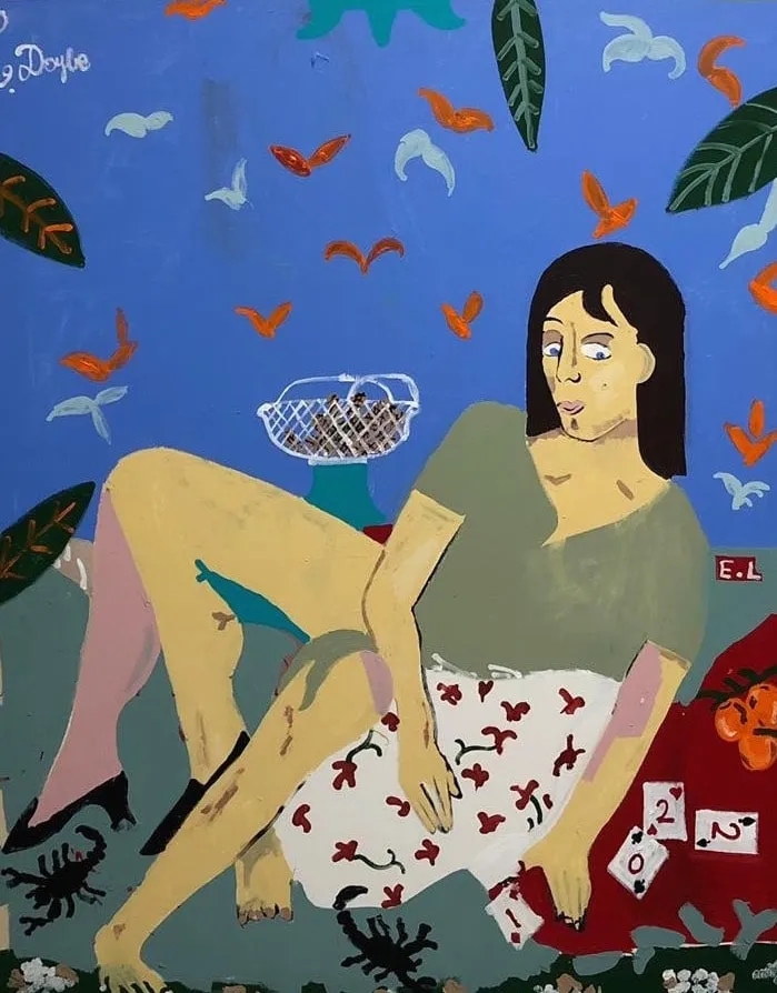 Peter Doyle, Teal, leaves, a bowl of peanuts, 2019