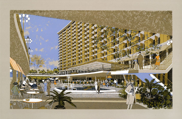 Carlos Diniz, Century Plaza Hotel - Lower Level View (Minoru Yamasaki, Architect), 1964