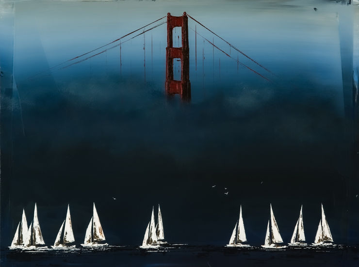 A row of white sailboats against a foggy sky with a bit of the Golden Gate Bridge visible in the background