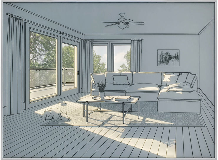 Hwang Seontae The Space with Sunshine III, 2022 Tempered Glass, Sandblast & LED Backlit 44 1/8 x 59 3/4 x 1 5/8 in 112 x 151.9 x 4.1 cm