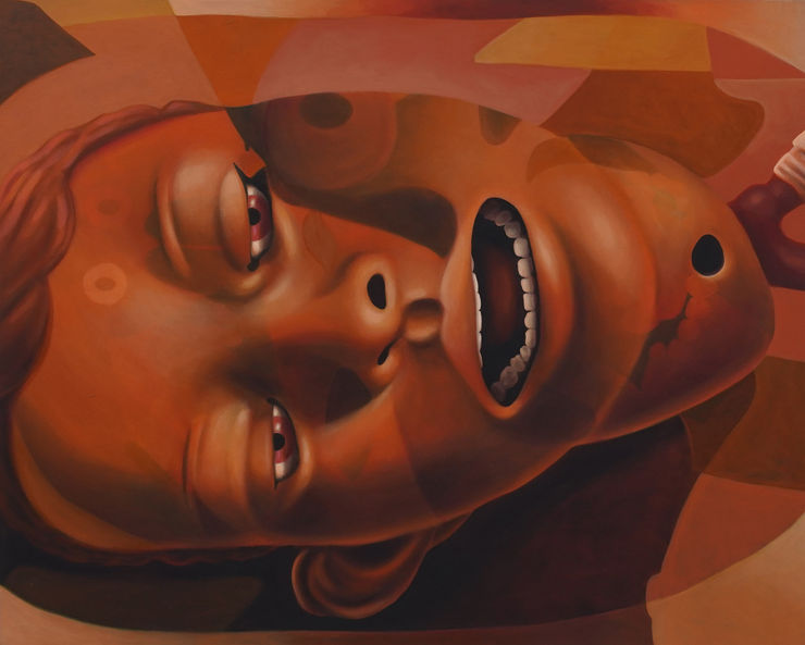 orange hued painting of a human head with its mouth open