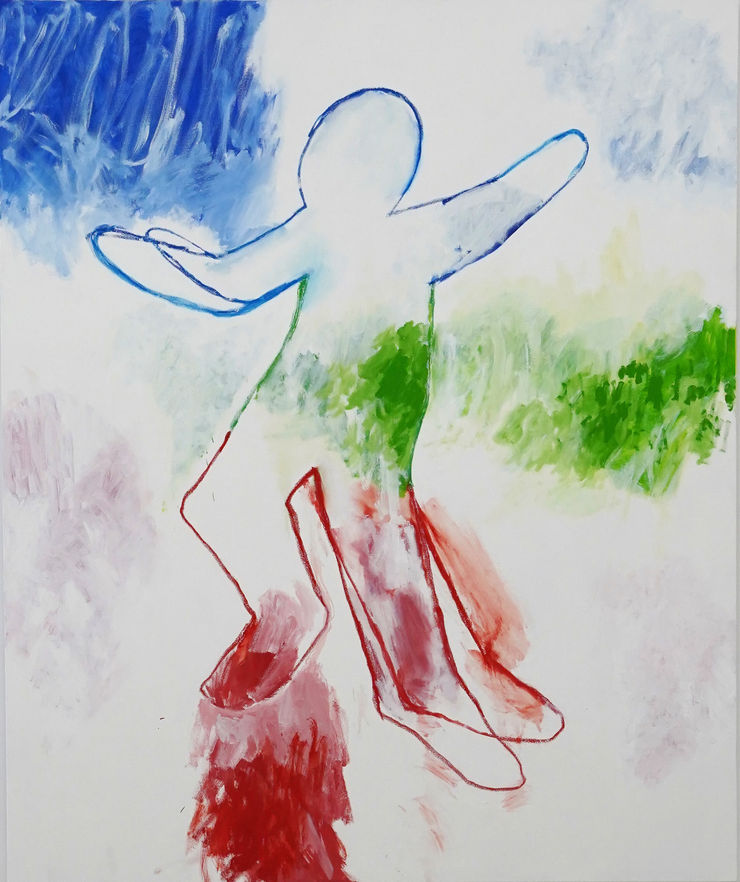 abstract painting of a figure falling in red, blue and green