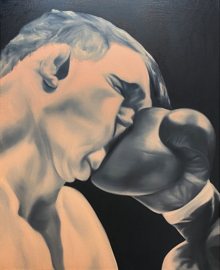 painting of a boxer getting punched in the face