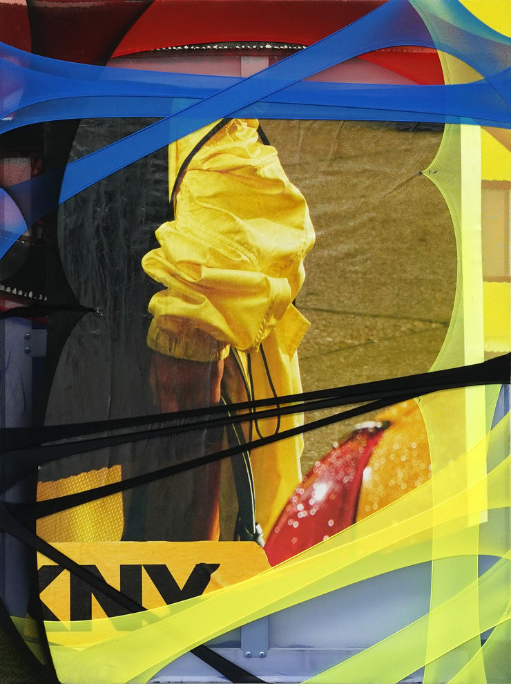 abstract fabric collage with a snippet of a photo of a person wearing a rain jacket