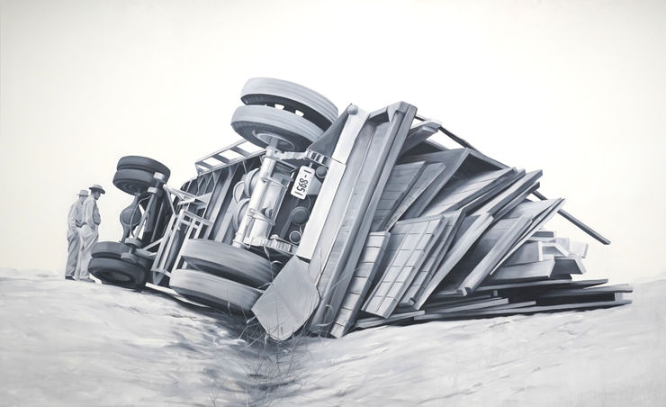 black and white painting of a truck toppled over on a road
