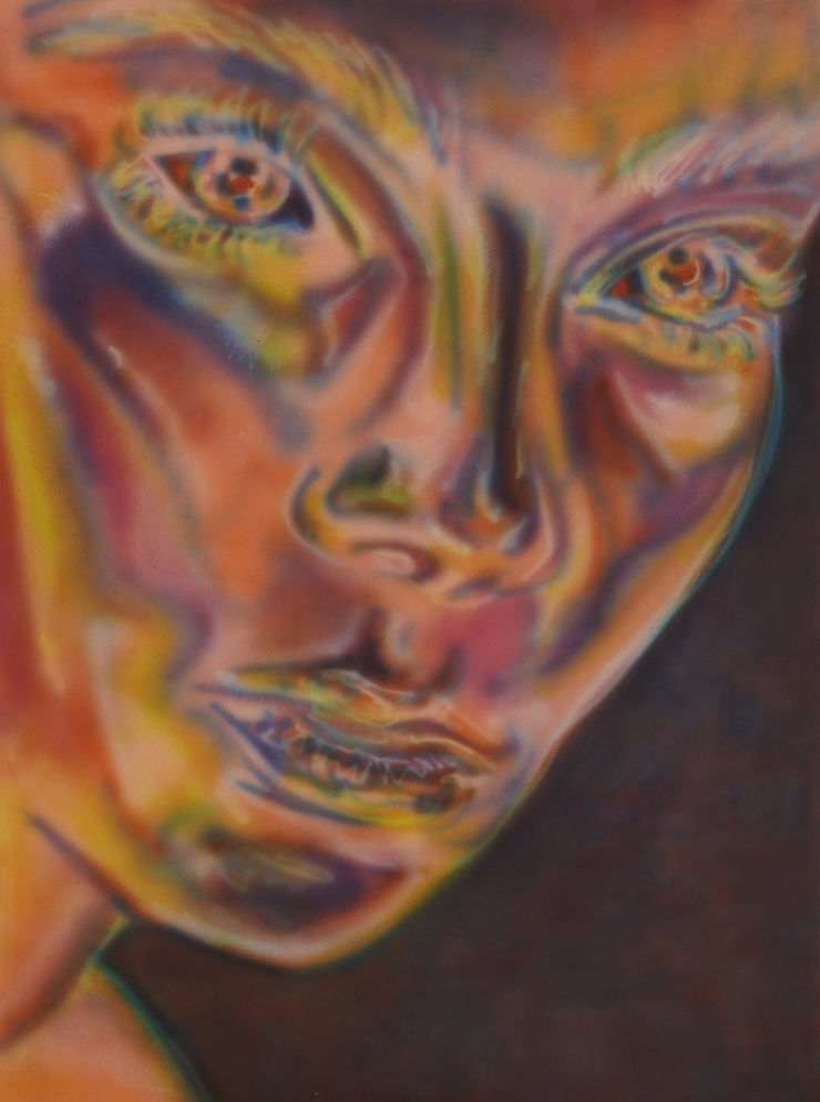 portrait painting of a womans face in monochromatic orange hues
