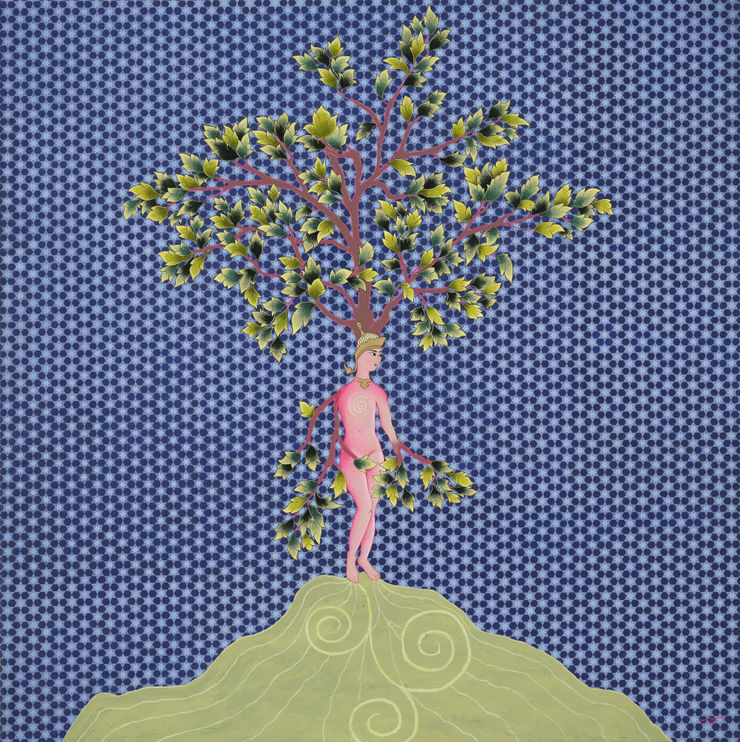 Primordial Power, 2022 Hand-made paint (minerals, plant and modern pigments), acrylic, Austrian crystal on linen canvas, framed in hand-painted tray frame. 100 x 100 x 5 cm 39 3/8 x 39 3/8 x 2 in