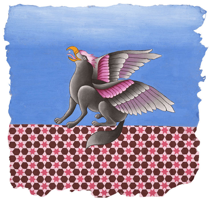 Chamrosh the Protector, 2023 Oil, Austrian crystal on mulberry and silk paper 27 x 27 cm 10 5/8 x 10 5/8 in