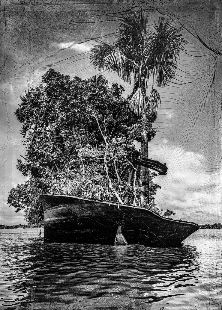 Sylvie Bonnot Un monde liquide (Bateau-Île), Guyane, 2026 BW photographs, silver gelatin transferred onto Fabriano paper - Unique work 105 x 76 cm in 110 x 86 cm white wooden frame with anti-reflective glass