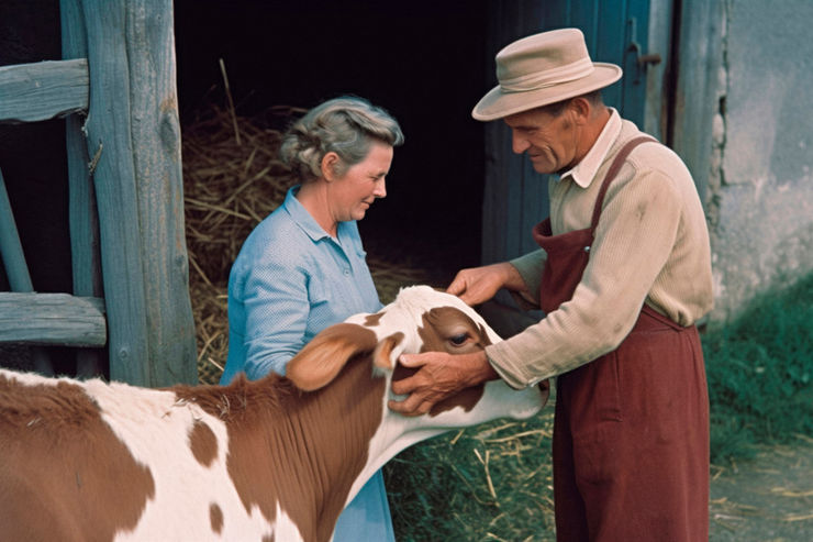 Bruce Eesly, Ruth and Edgar Hammer on their farm, 1951, 2023