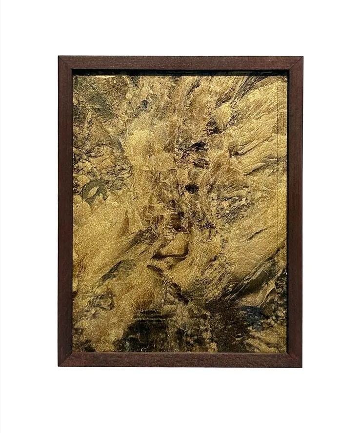 Antoine De Winter from the series All the places and the places between, 2025 Anthracotype on glass with Cadaquès earth pigment & bronzine Wengé wood frame Frame 15 x 20 cm Unique variation /8