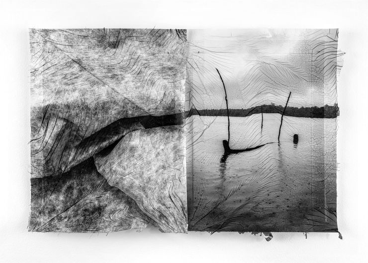 Sylvie Bonnot Soulèvements (Île Portal), Saint-Jean - Guyane, 2025 Diptych, BW photographs, silver gelatin transferred onto Fabriano paper - Unique work 36 x 51 cm in 45 x 61 cm white wooden frame with anti-reflective glass