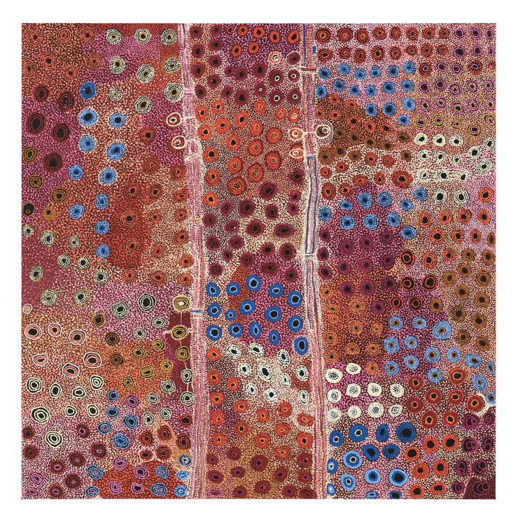 Mitakiki Women's Collaborative (Naomi Kantjuriny & Tjimpayi Presley) Kapi Tjukula Tjuta (Many Rock Holes), 2022 Acrylic on linen 195.5cm x 197cm