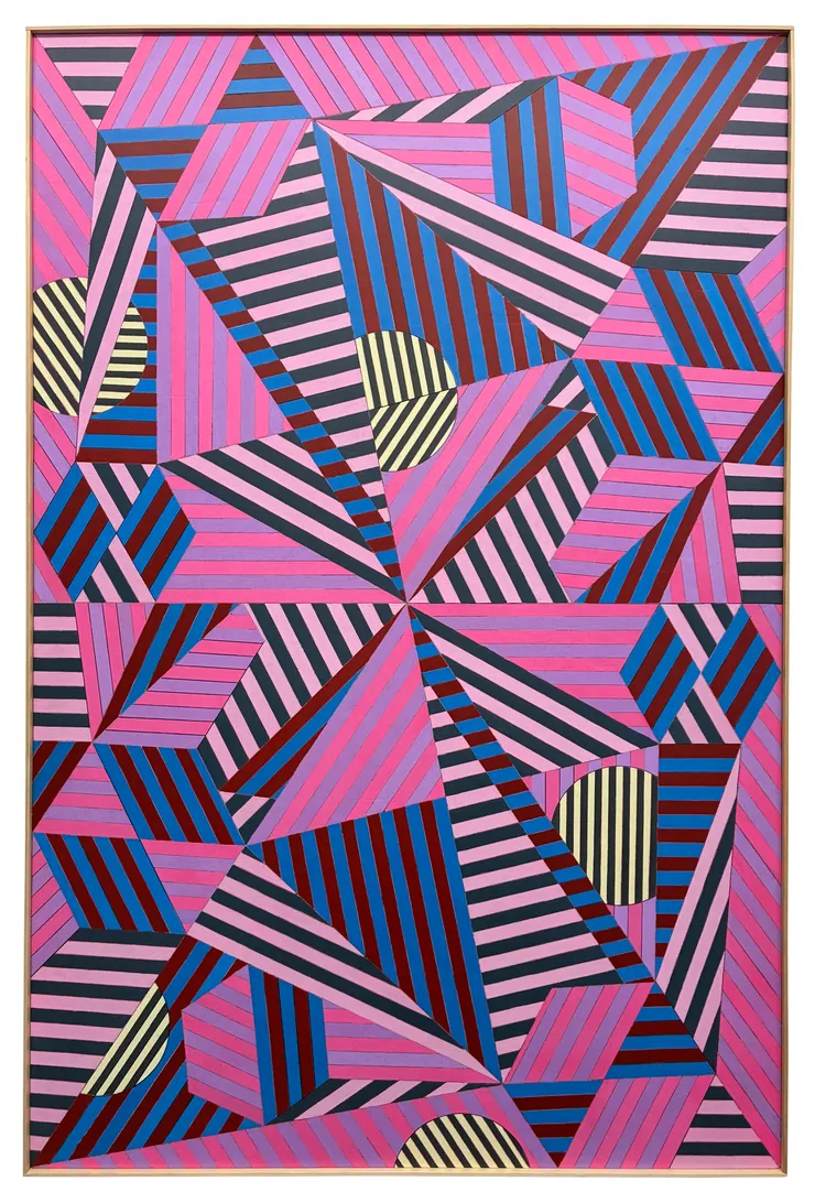 Dominic Beattie Faro, 2026 Ink, spray paint, varnish and found wood on panel 122cm x 82cm