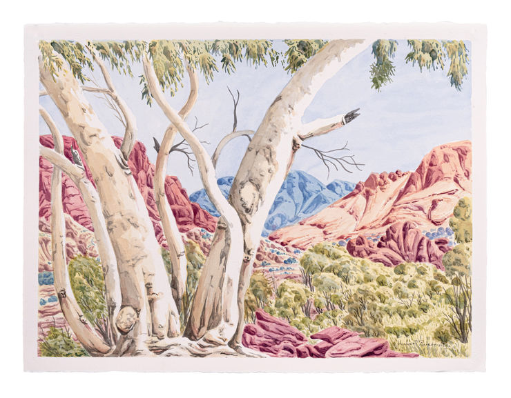 Hubert Pareroultja Looking towards Mount Sonder, 2024 Watercolour on paper 52cm x 71cm