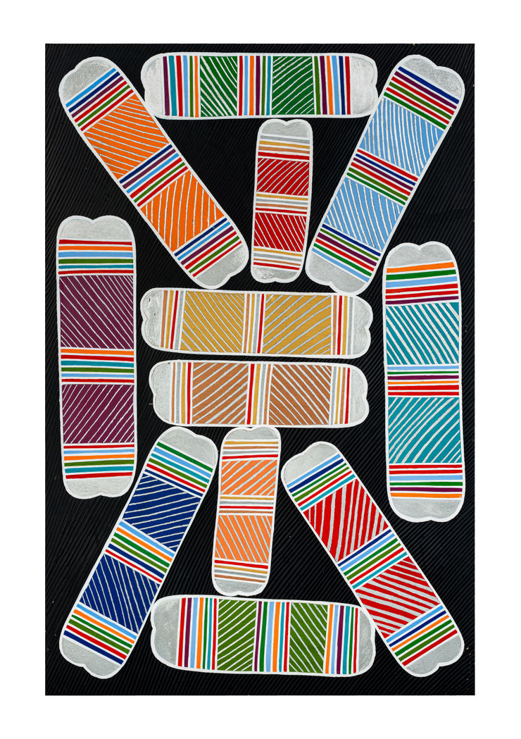 Wally Wilfred Ŋaraka (Bones) Acrylic on metal 122cm x 81 cm