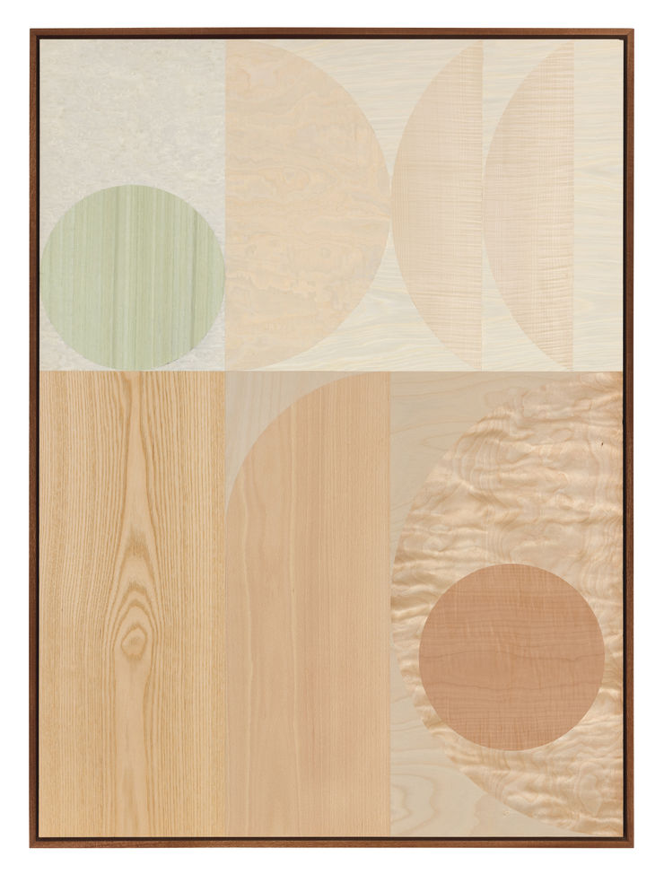 Olly Fathers The Calm Of This Space, 2025 Dyed eucalyptus, dyed birds eye maple, figured sycamore, ash, bleached beech, birch, iced birch, iced maple 124cm x 91.5cm