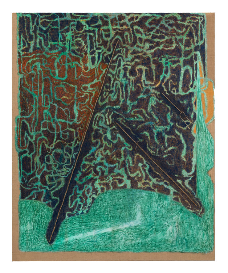 Karolina Albricht Head and Arms that Touched Thunder, 2024 Oil and string on jute 220cm x 180cm