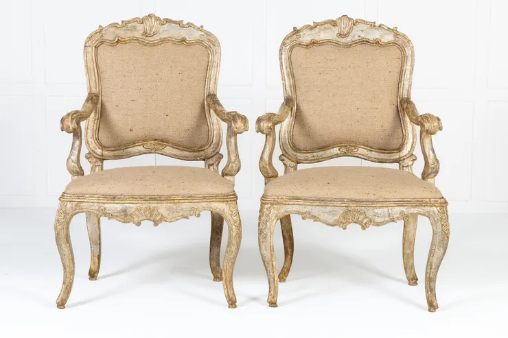 Large Scale Pair of 18th Century Italian Silver Gilt Armchairs