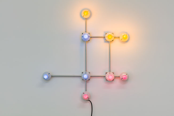 G.T. Pellizzi Conduits in Red Yellow and Blue (No Signal 1), 2020 Galvanized steel conduit, copper wire, rubber chord, porcelain fixtures, and ceramic coated lightbulbs 115 x 105 cm 45 1/4 x 41 3/8 in