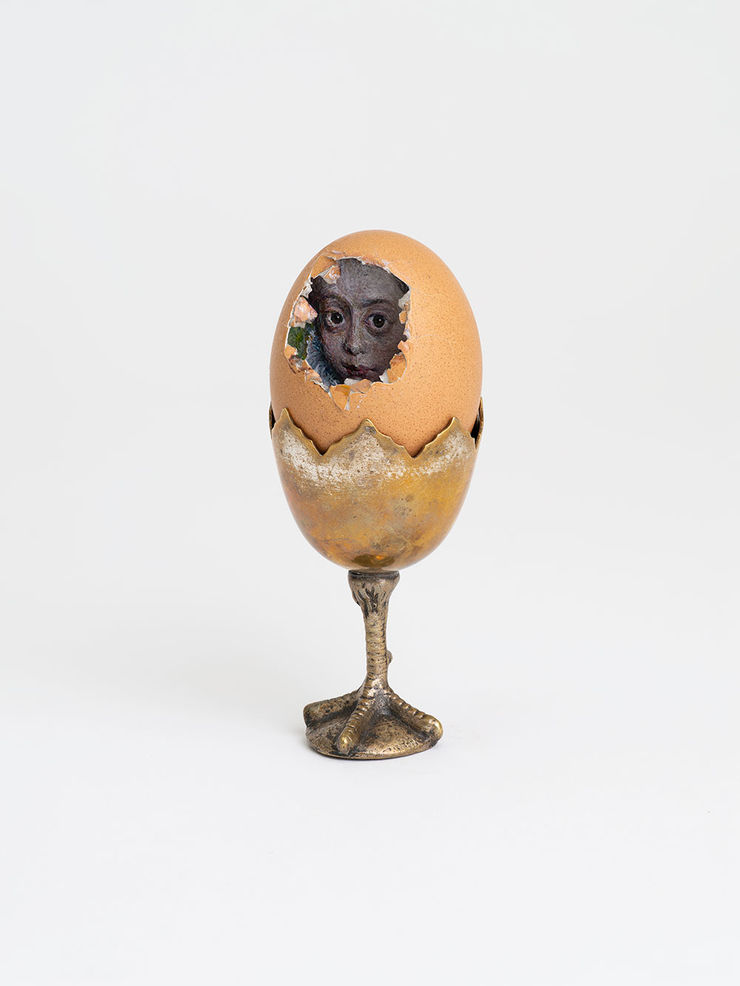 Chris Oh Claw, 2026 acrylic on chicken egg with antique metal egg cup 11.4 x 5.1 x 5.1 cm; 4 1/2 x 2 x 2 in glass dome with wooden base: 10.2 x 17.8 cm (4 x 7 in)