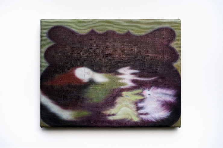 Lisa Braid Zumindest versunken mit den hasenzwillingen, Springmaus ruht sich aus auf meinem Herz. Ich Lächle, 2025 oil on canvas 20 x 30 cm 7 7/8 x 11 3/4 in