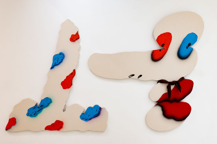 James English Leary Installation View, "Spotted Finger" and "Facehand", 2016 Acrylic and rayon on shaped canvas