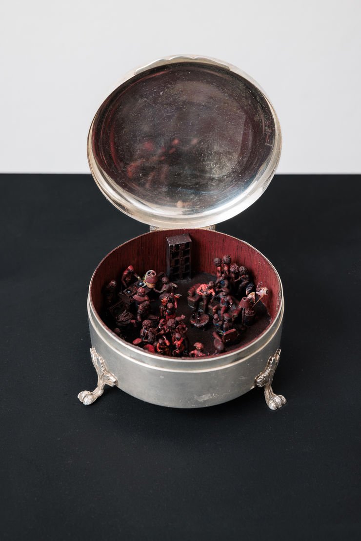 Curtis Talwst Santiago Bashment Sweat, Red light Fete, 2026 Mixed media in reclaimed jewelry box, single-channel audio file (digital), Arduino, artist made speaker 13.5 x 9.5 x 10 cm (jewellery box) 30 x 30 x 30 cm (artist made speaker)