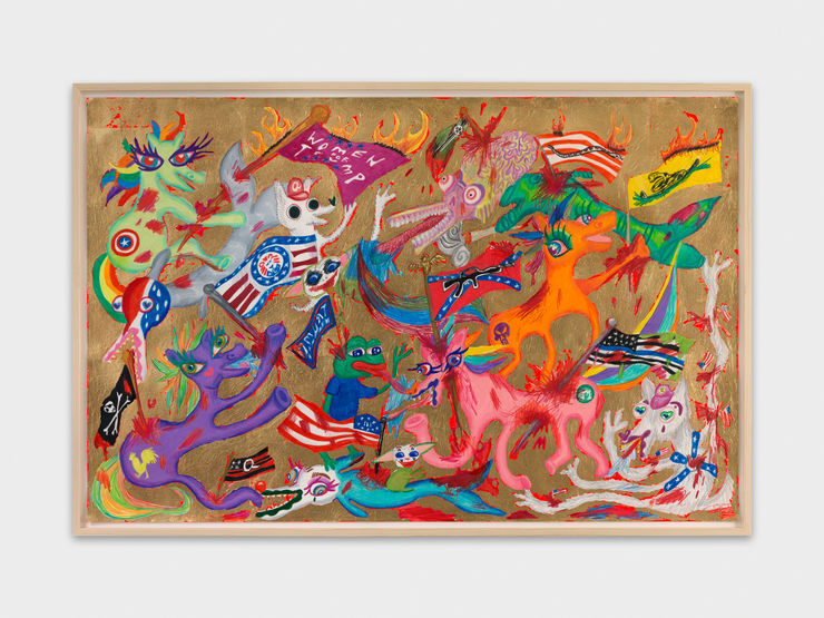 Bailey Scieszka Stabbed by Flags, 2021 Colored pencil, acrylic paint, and gold leaf on paper 66 x 101.6 cm 26 x 40 in