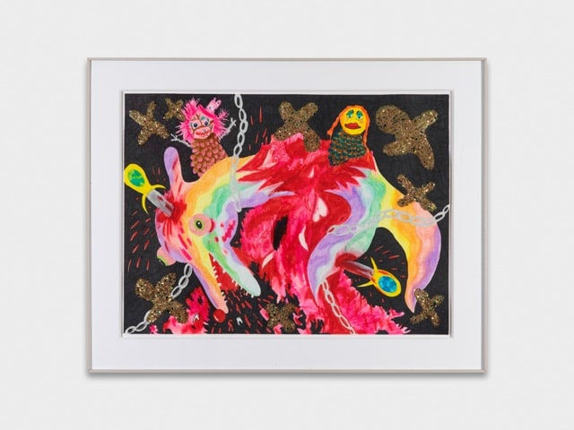 Bailey Scieszka Pinecone Doll Dolphin Massacre , 2017 marker on archival paper, glitter, framed 59 x 75 cm 23 1/4 x 29 1/2 in