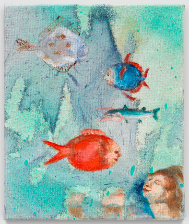 Klodin Erb Mermaids #24, 2023 Ink, oil and acrylic spray paint on raw canvas 42 x 35 cm 16 1/2 x 13 3/4 in